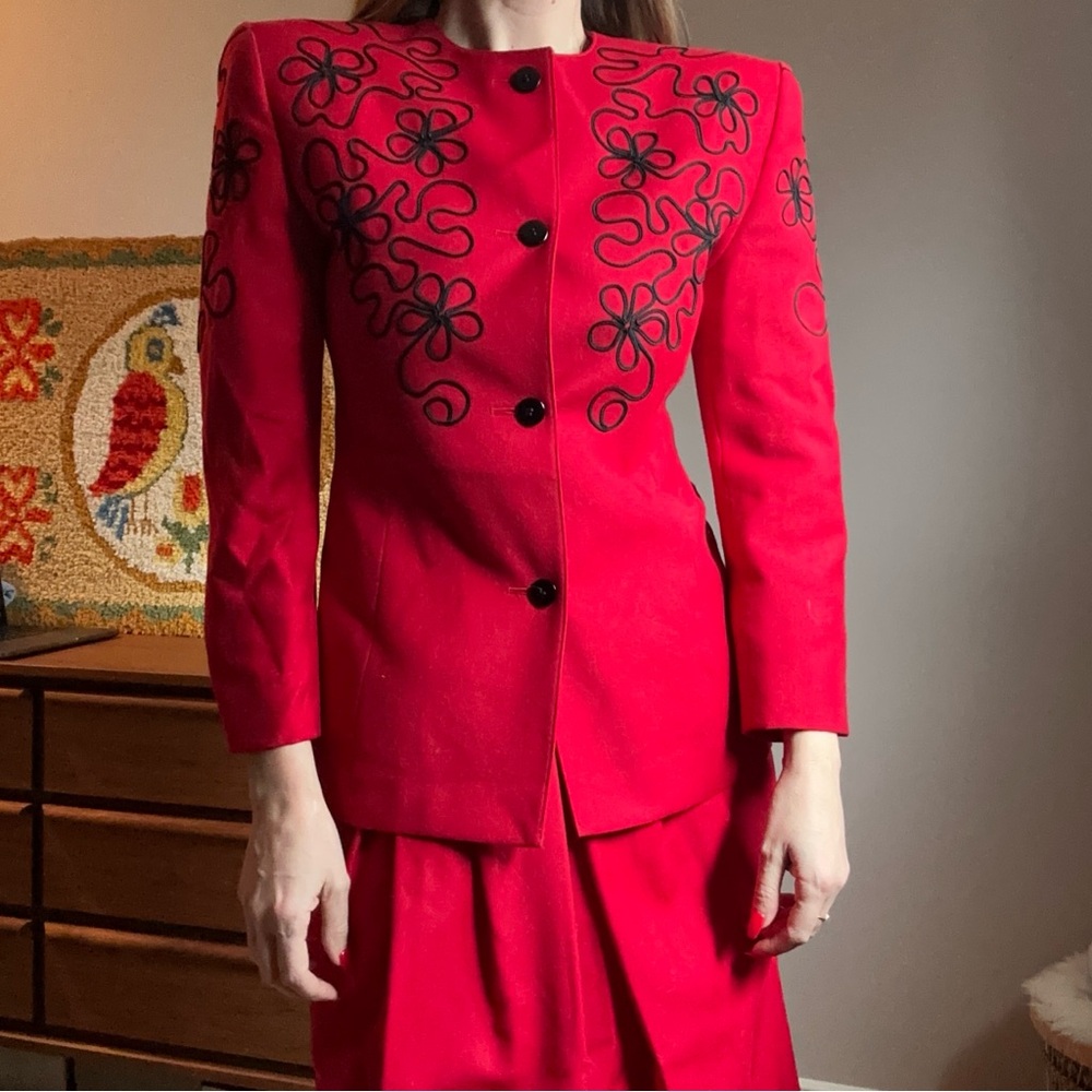 Vintage Wool Red Women's Jacket with Black Embroidery Size Small